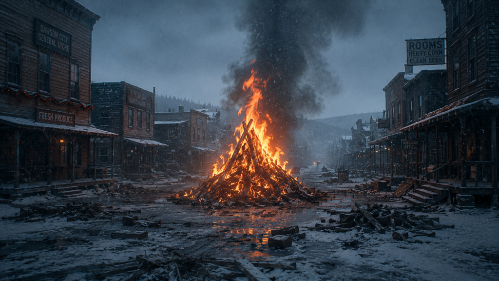 A large bonfire burns in the middle of a deserted, snow-covered frontier town street at dusk.