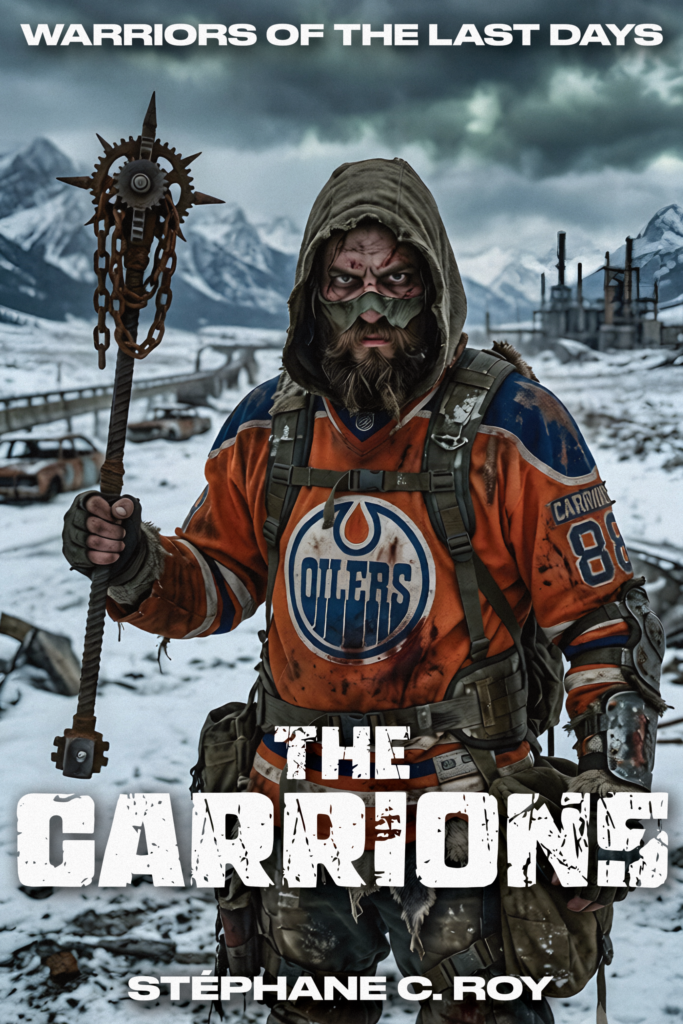 SERIES PROGRESS 19 A bearded warrior in an Oilers jersey holding a spiked mace in a snowy, post-apocalyptic landscape.