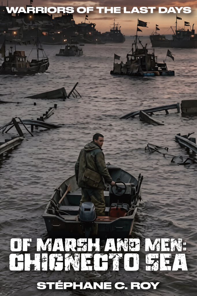 SERIES PROGRESS 24 A man piloting a small boat through debris-filled waters in a post-apocalyptic landscape at sunset.