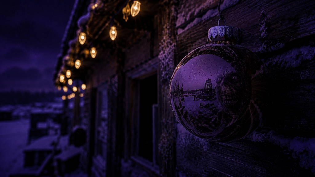 A reflective Christmas ornament hanging on a dark wooden wall, showing a distorted image of a post-apocalyptic landscape and a creature's face.