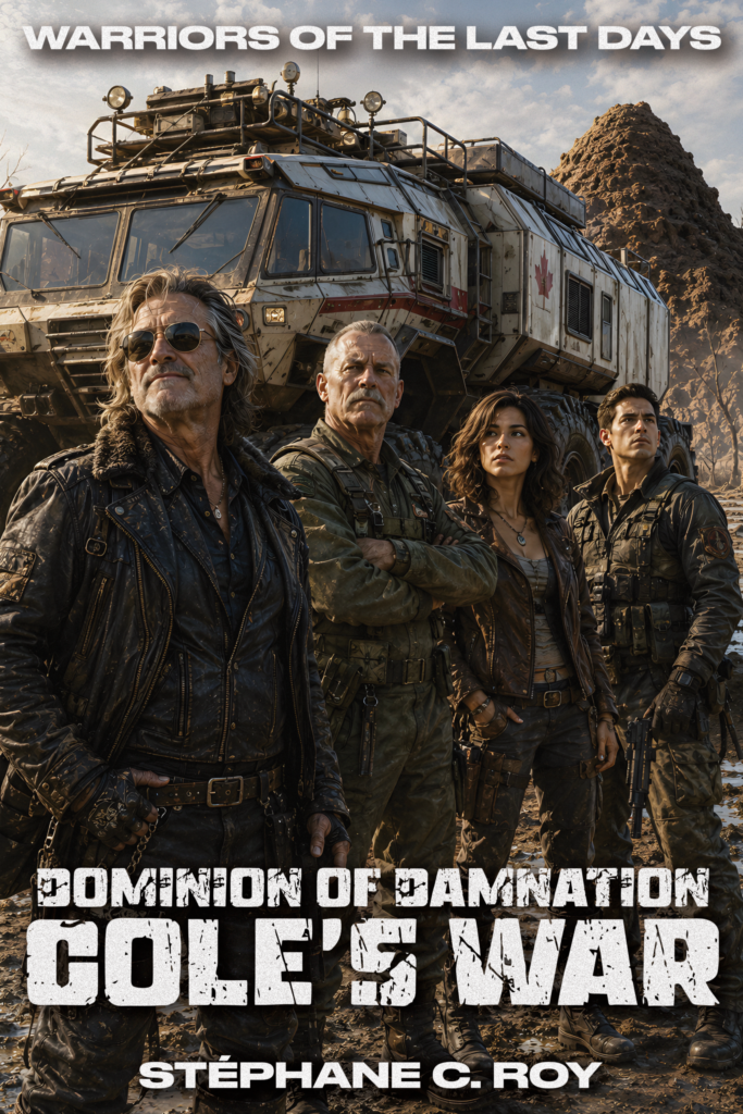 STORIES ACROSS CANADA 8 Four survivors stand before a rugged, Canadian-marked all-terrain vehicle in a desolate post-nuclear landscape.