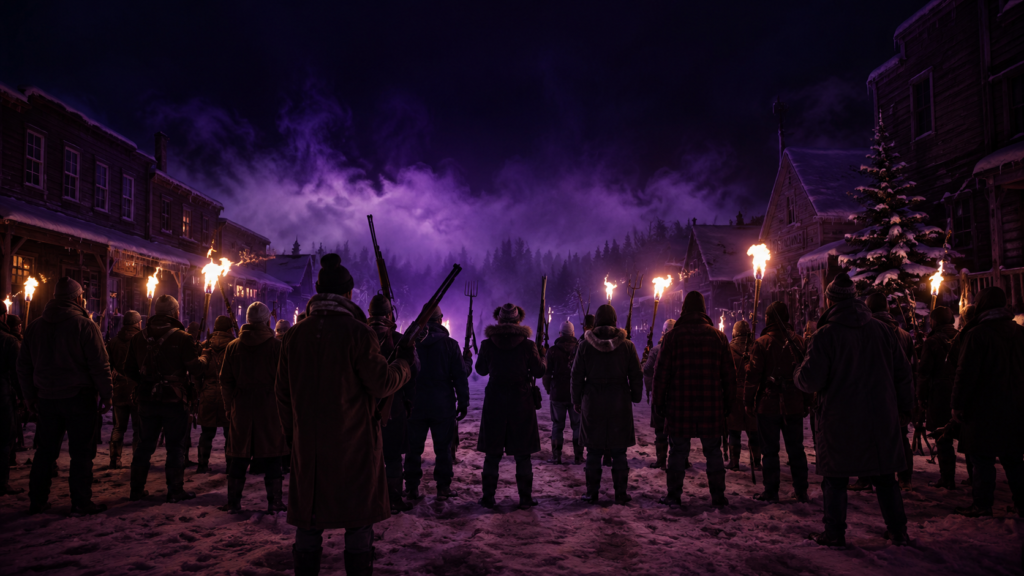 A large group of people standing in a snowy town street at night, holding torches and rifles under a purple-tinted sky.