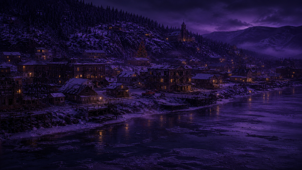 COLD STORAGE: A dark, snow-covered town at night with a purple-hued sky, featuring a church on a hill and a frozen river in the foreground.