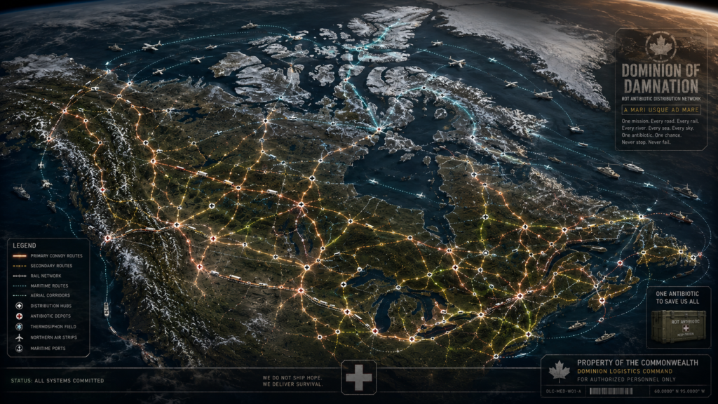 DOMINION OF DAMNATION 1 Dominion of Damnation: A stylized map of Canada showing a complex network of primary and secondary transport routes, distribution hubs, and antibiotic depots for the Dominion of Damnation.
