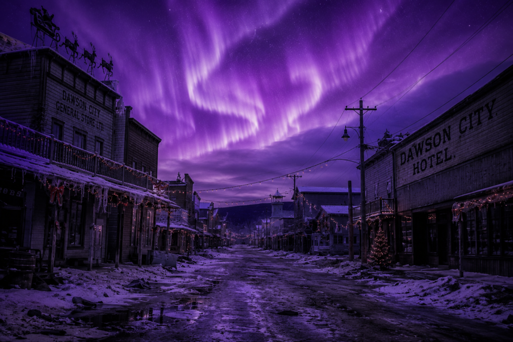 CITIES 10 Vibrant purple aurora borealis glowing above a snow-covered, rustic street in Dawson City with vintage wooden storefronts.