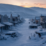 A deserted, snow-covered street in Dawson City with vintage buildings and abandoned, snow-buried vehicles under a soft sunset sky.
