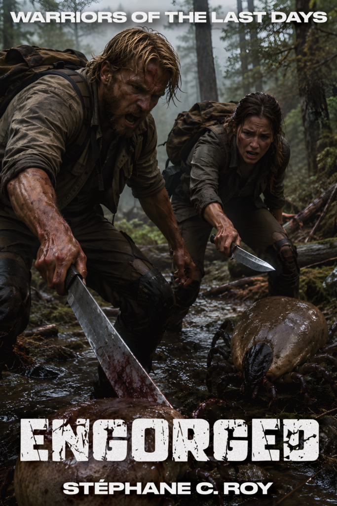 SERIES PROGRESS 25 A man and woman in tactical gear fight giant ticks in a forest stream, titled Engorged by Stéphane C. Roy.