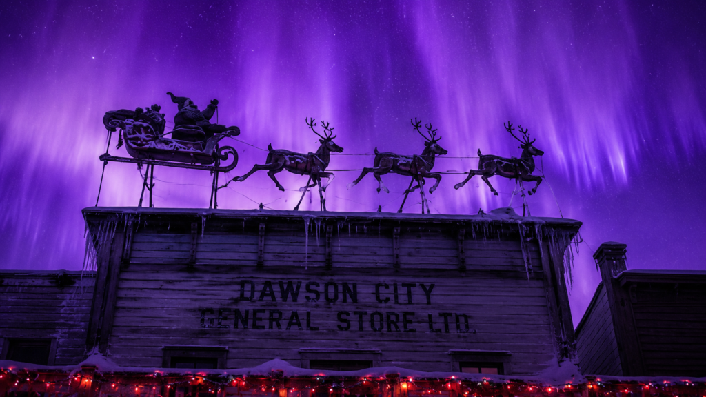A silhouette of Santa Claus and his reindeer on the roof of the Dawson City General Store under a vibrant purple aurora borealis.