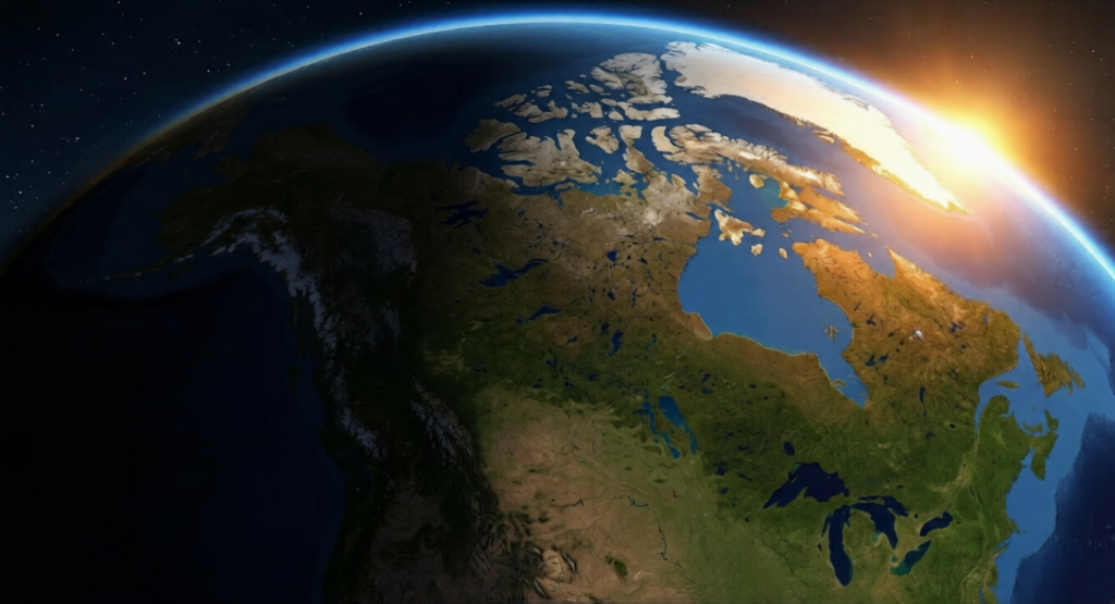 CANADIAN POST-APOCALYPSE FICTION: A sunrise viewed from space, highlighting the northern geography of the Canadian Arctic and Hudson Bay.