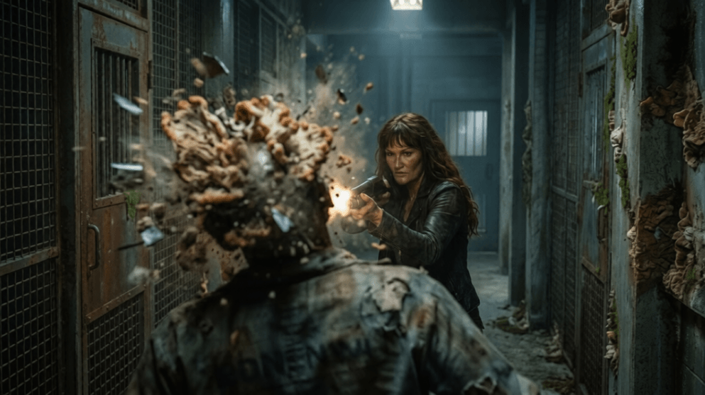 LOCKED IN AFTER THE END OF THE WORLD: A determined woman firing a gun at a monstrous, fungal-headed mutant in a desolate, prison-like corridor.