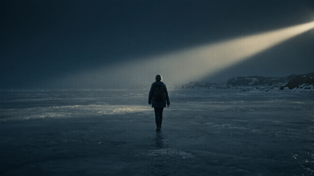 POST-APOCALYPSE STORIES IN ST-PIERRE AND MIQUELON 2 POST-APOCALYPSE STORIES IN ST-PIERRE AND MIQUELON: A lone figure(Sandrine) with a backpack walks across a desolate, frozen, and dark landscape, illuminated by a single beam of light.