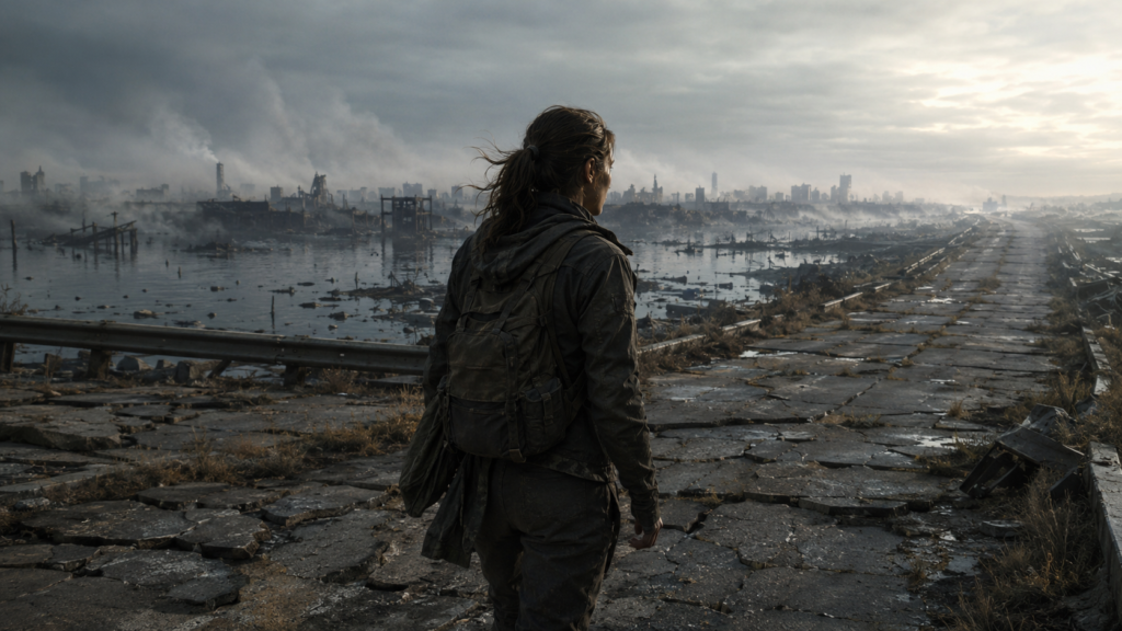FIRST TWO YEARS COMPLETED 30 First Two Years: A person with a backpack stands on a cracked, desolate highway looking out over a flooded and ruined city under a cloudy sky.