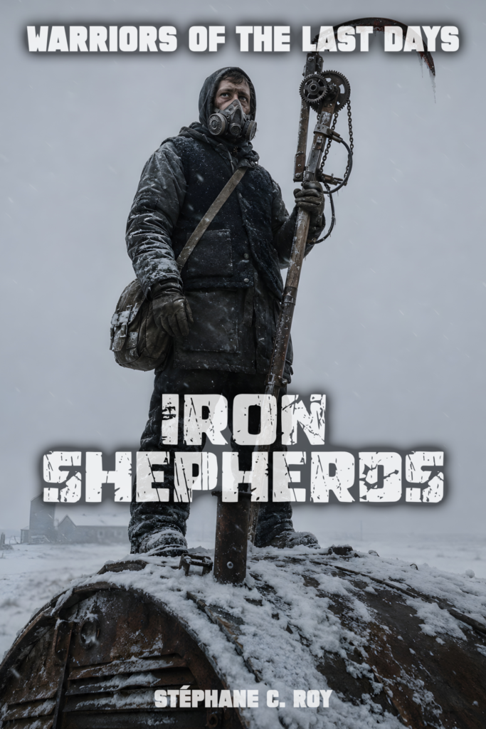 SERIES PROGRESS 20 A person in a gas mask and heavy winter gear stands in a snowy landscape holding a large, mechanical scythe-like weapon.