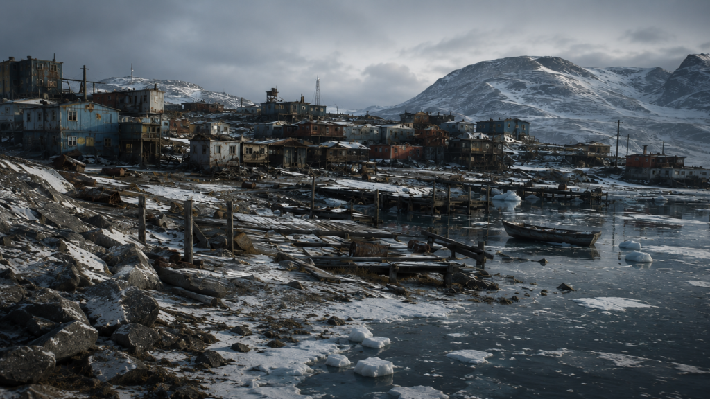 Post-Apocalyptic Fiction in Nunavut 1 Post-Apocalyptic Fiction in Nunavut: A cluster of weathered, colorful wooden houses perched on a rocky, snow-dusted shoreline overlooking a partially frozen bay.