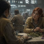 Two people in worn, tan uniforms sit at a table in a crowded, industrial-style mess hall, with one person holding a small bunch of wildflowers.