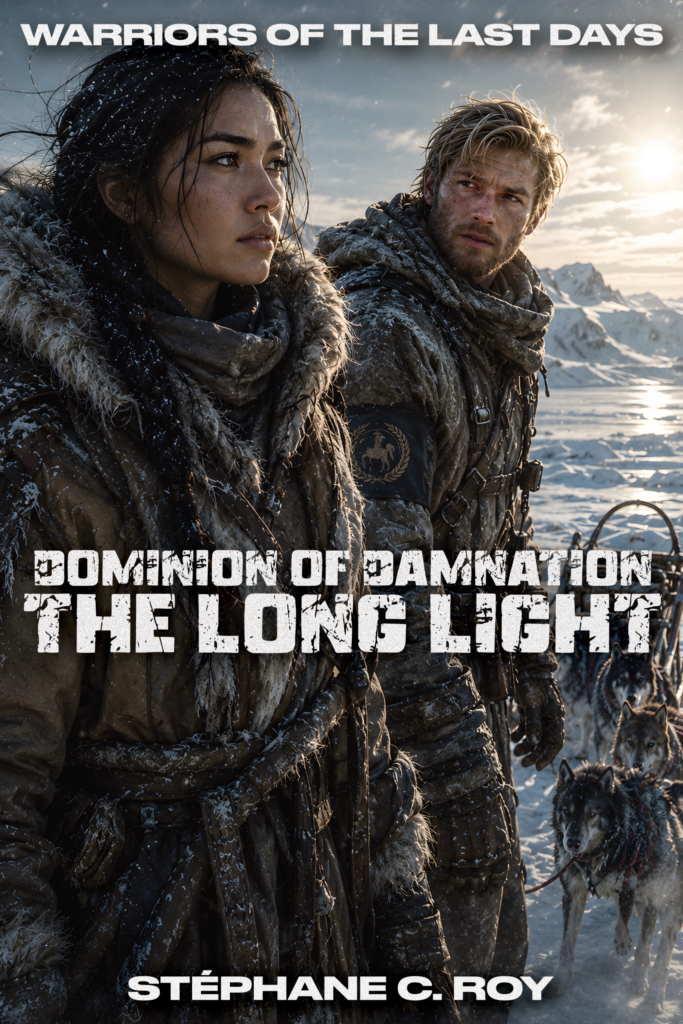 Post-Apocalyptic Fiction in Nunavut 4 A woman and man in fur-lined parkas stand in a snowy, sunlit post-apocalyptic landscape with sled dogs.