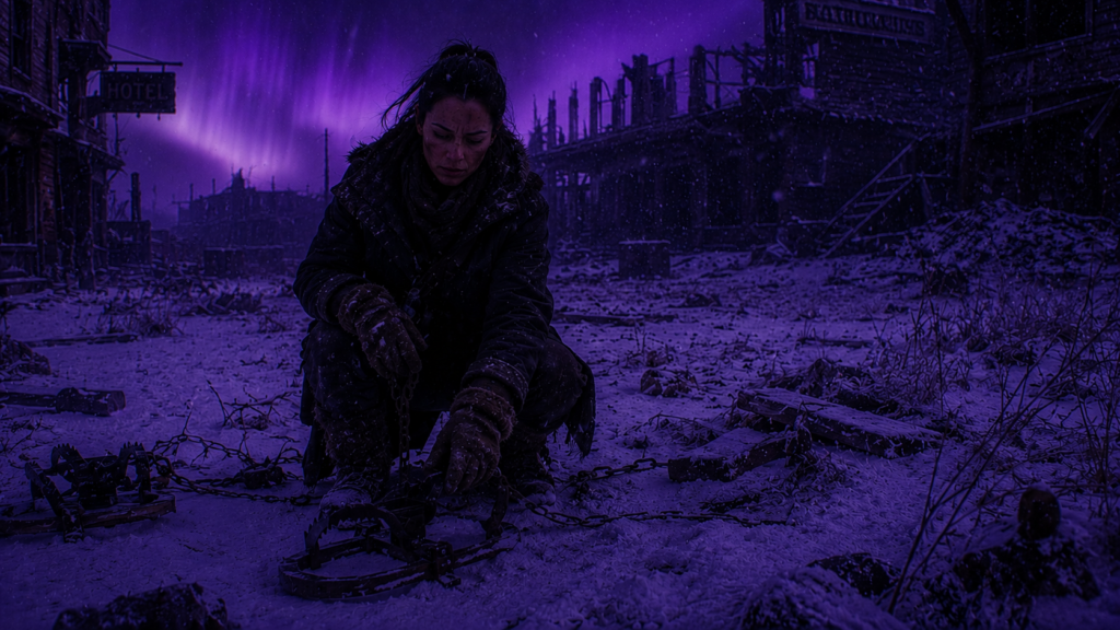 A woman in winter gear crouches in a snowy, ruined town square under a purple sky, setting a metal trap in the foreground.