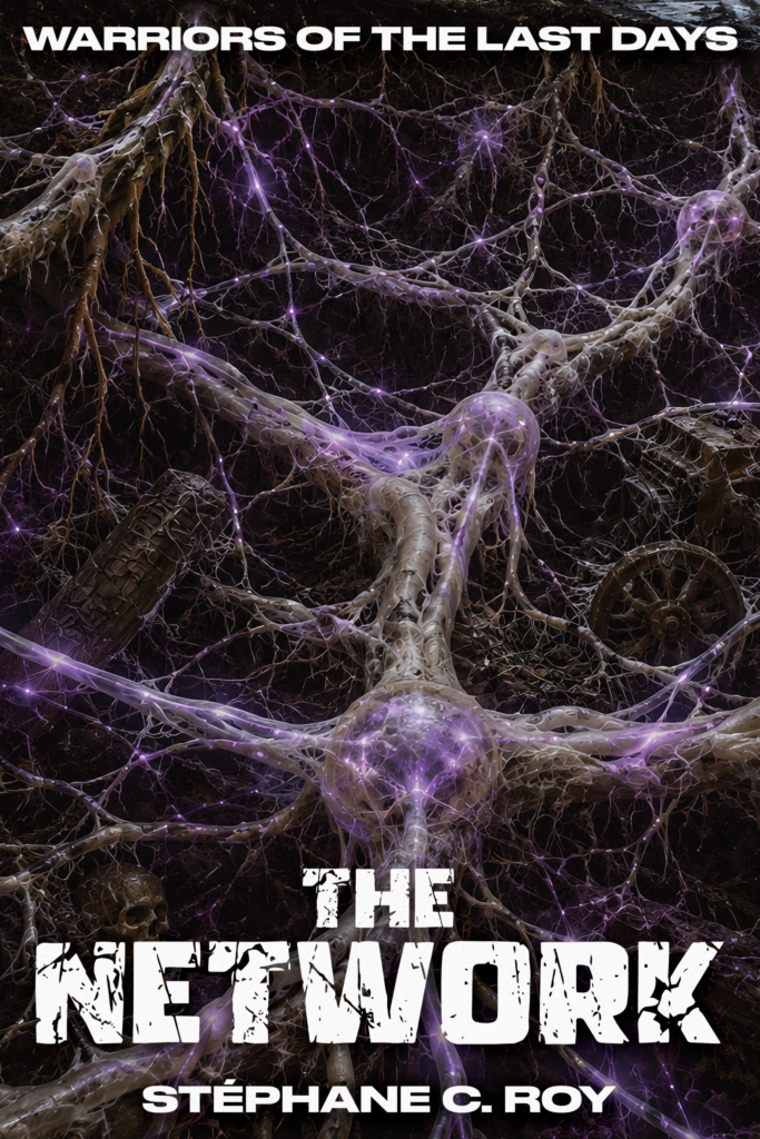 STORIES ACROSS CANADA 7 Book cover for The Network by Stéphane C. Roy, featuring a glowing purple neural network structure against a dark, ruined background.