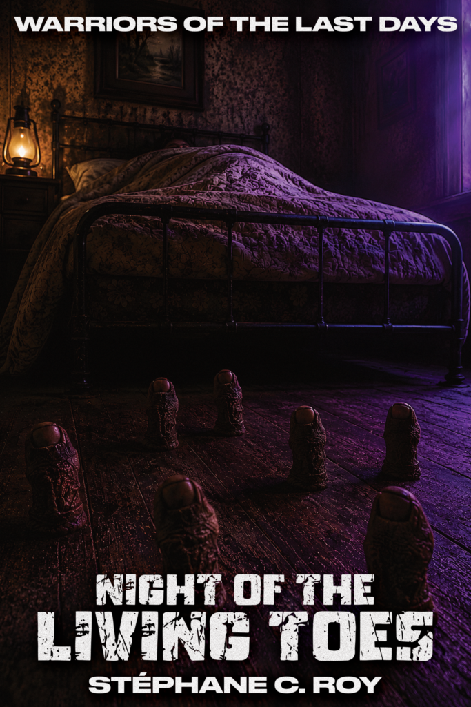 SERIES PROGRESS 17 A book cover titled Night of the Living Toes by Stéphane C. Roy, featuring several disembodied, textured toes standing upright on a dark wooden floor in front of a bed.