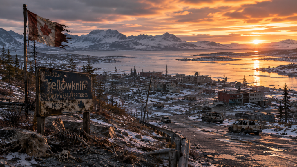 Post-Apocalyptic Fiction in the Northwest Territories 1 Post-Apocalyptic Fiction in the Northwest territories: A desolate, snow-covered town of Yellowknife at sunset with a tattered Canadian flag and a rusted welcome sign.