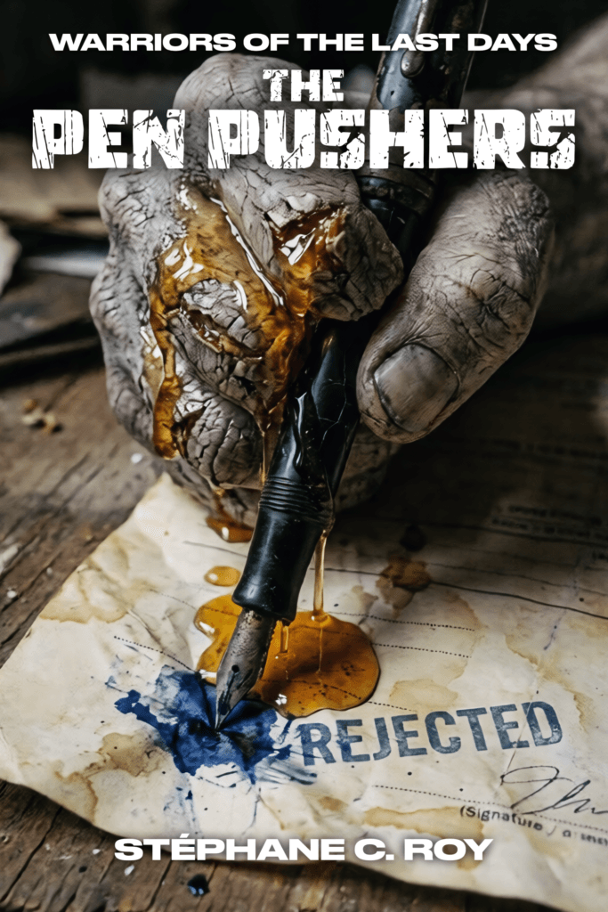 A weathered, scarred hand writes with a fountain pen leaking amber liquid onto a document stamped rejected.