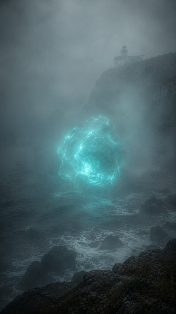 THE LAST ISLANDS CREATURE 1 THE LAST ISLANDS CREATURE: A bright, swirling turquoise plasmoid hovers above dark, misty coastal waters near a cliffside lighthouse.