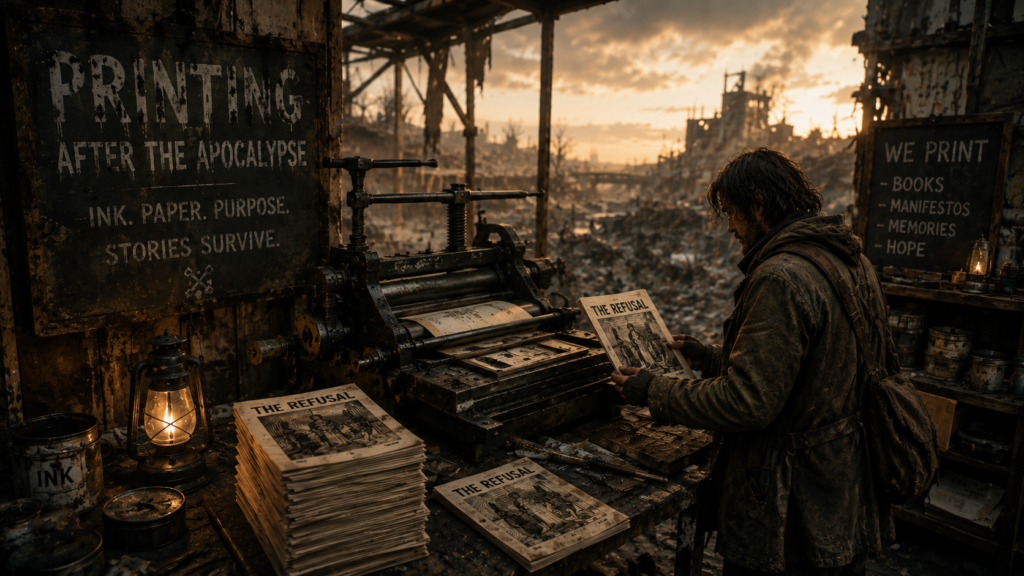 PAPER VERSIONS: A person in a rugged, post-apocalyptic setting examines a printed document titled The Refusal next to a manual printing press.