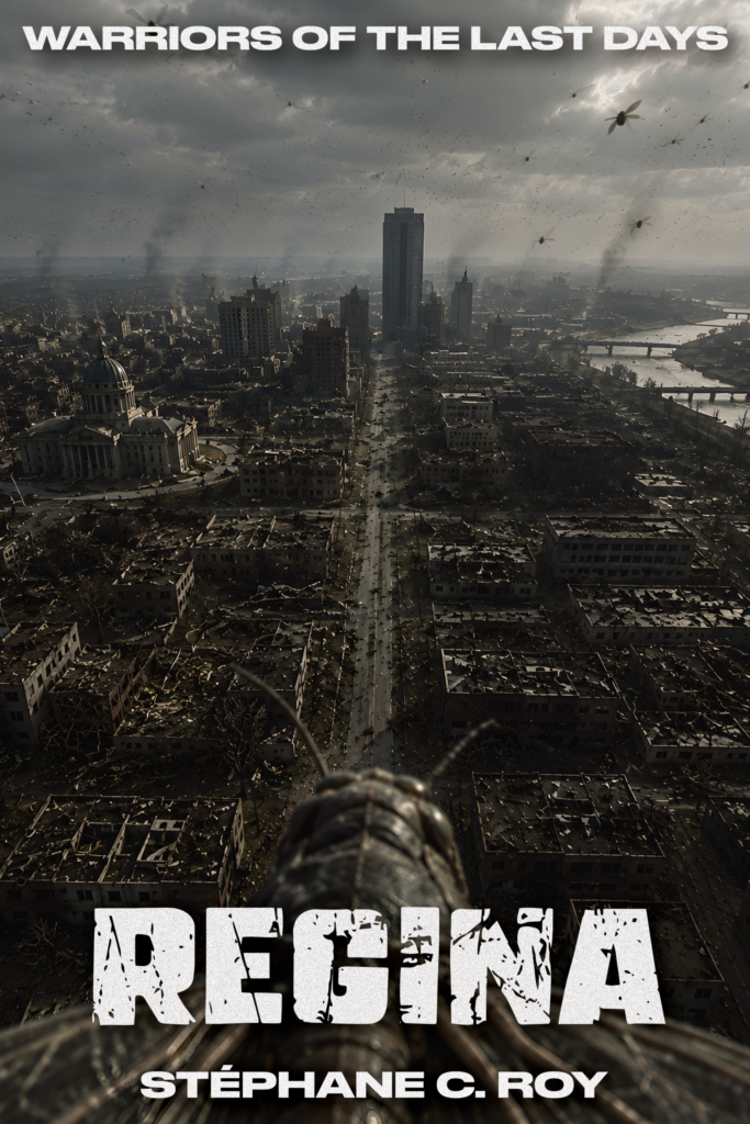 SERIES PROGRESS 13 A desolate, post-nuclear Regina cityscape seen from the perspective of an insect hovering above the ruins.