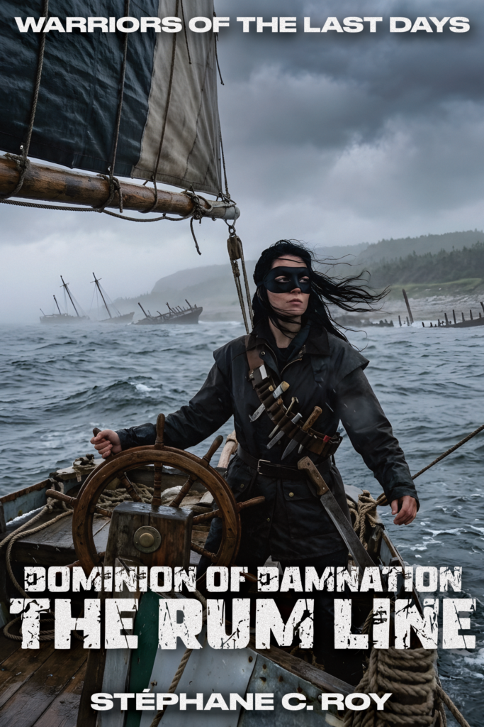 STORIES ACROSS CANADA 21 A woman in a black mask and tactical gear steers a wooden boat through stormy waters past shipwrecks.