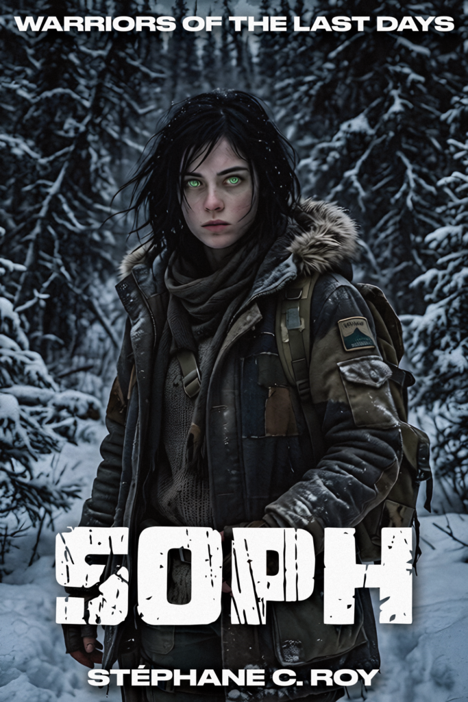 SERIES PROGRESS 28 A young woman with intense green eyes wearing a heavy winter parka in a snowy, post-apocalyptic forest.