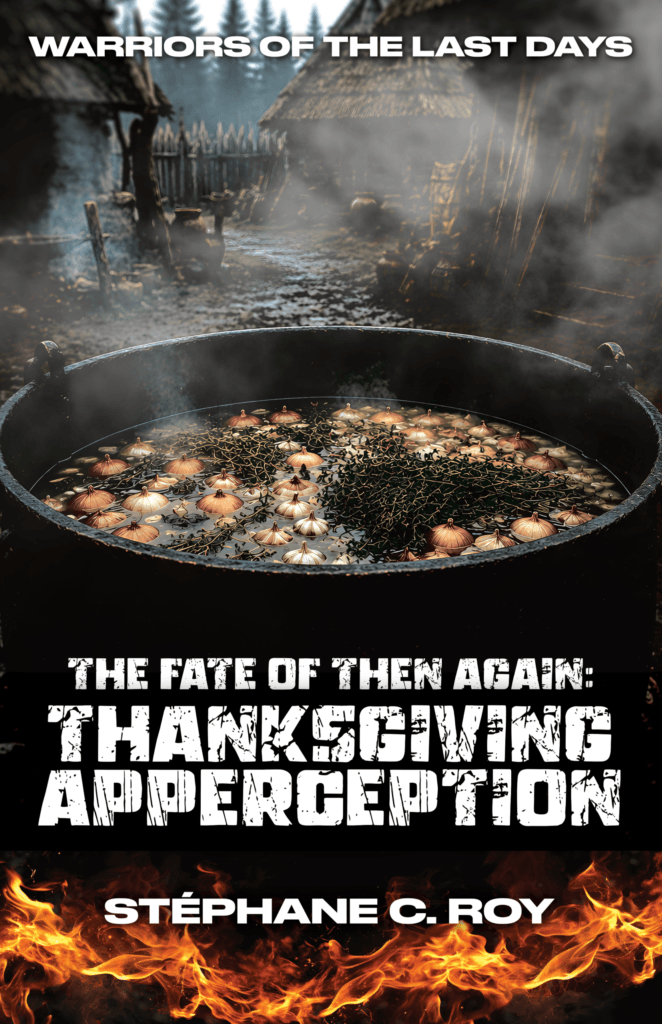 A cast-iron pot filled with boiling onions and herbs in a misty, post-apocalyptic settlement.