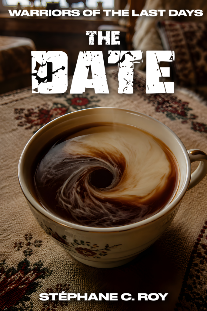 Cover art for the short story The Date, featuring a cup of coffee with swirling cream on a patterned tablecloth.