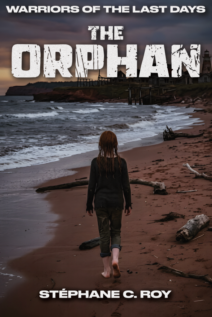 A person with long hair walks barefoot along a dark, moody beach toward a distant lighthouse under a stormy sky.