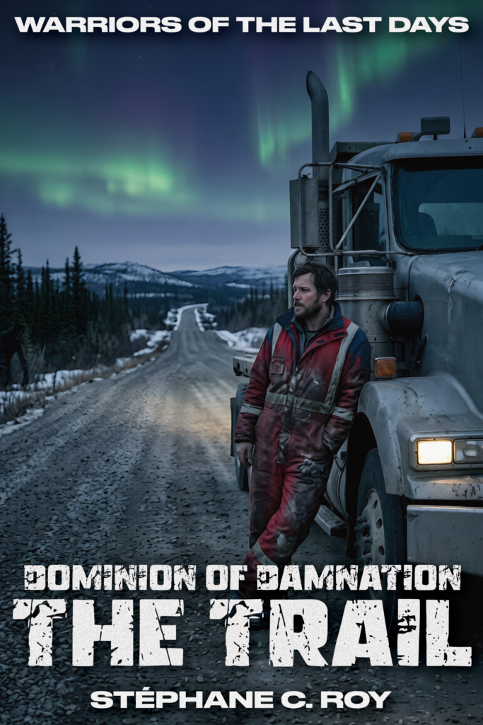 A man in a red work jumpsuit leans against a large truck on a desolate, northern road under the aurora borealis.
