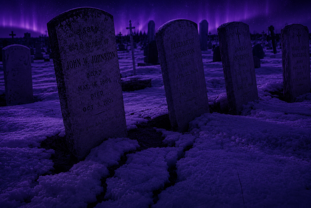 A row of weathered gravestones in a snow-covered cemetery under a vibrant purple night sky.
