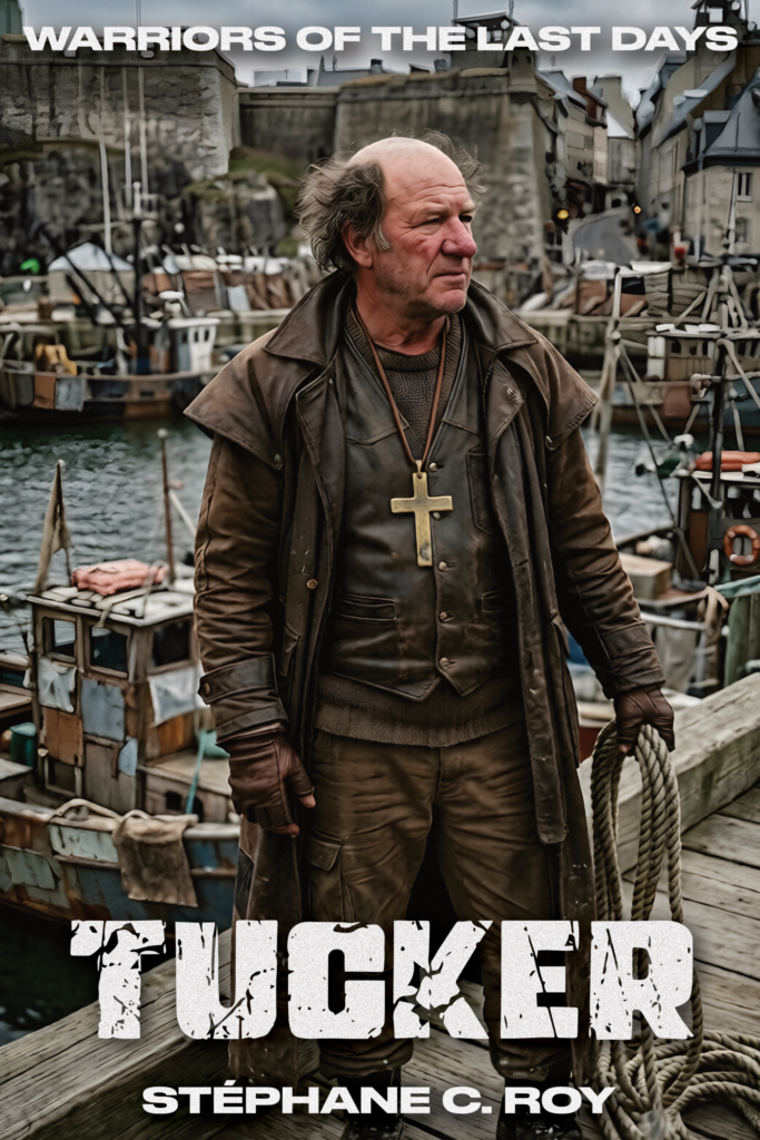 SERIES PROGRESS 23 An older, weathered man wearing a long coat and a brass cross pendant stands on a wooden dock with ships in the background.