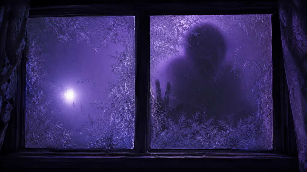 A dark silhouette of a person stands behind a window pane covered in intricate frost patterns, illuminated by a purple light.