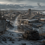A desolate, snow-covered town of Yellowknife with a rusted welcome sign, a lone figure walking, and distant smoke plumes.