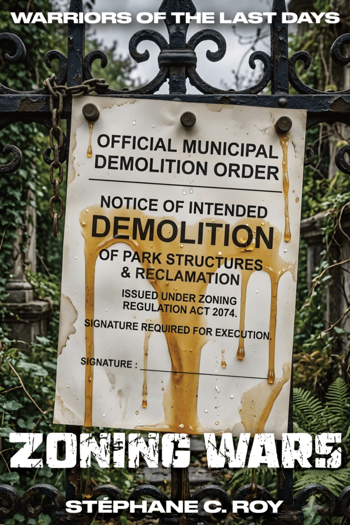 A weathered demolition notice posted on an old, ivy-covered iron gate, marked with mysterious amber-colored drips.