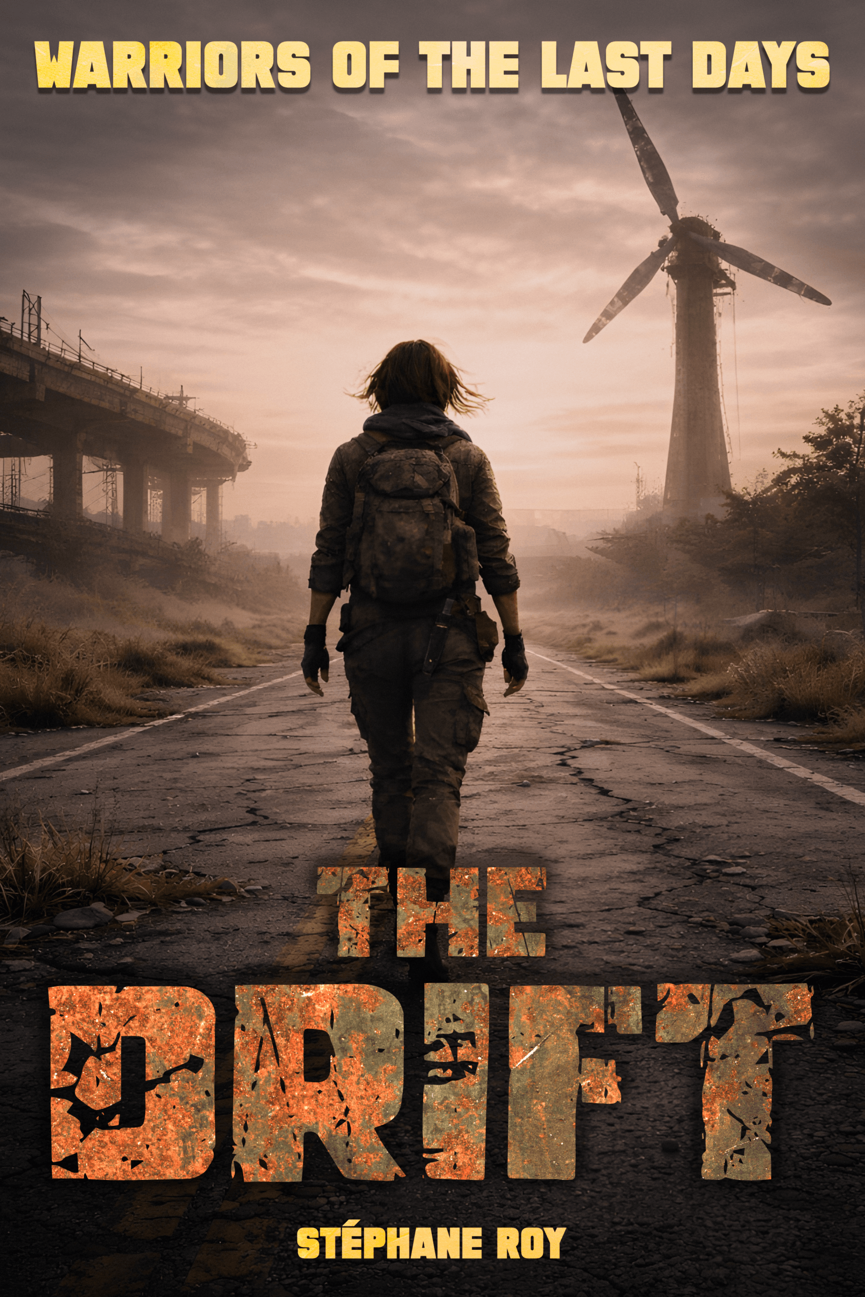 A lone traveler with a backpack walks down a desolate, cracked road toward a damaged wind turbine in a post-apocalyptic city.