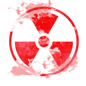 A red radiation warning symbol rendered in a watercolor style on a white background.