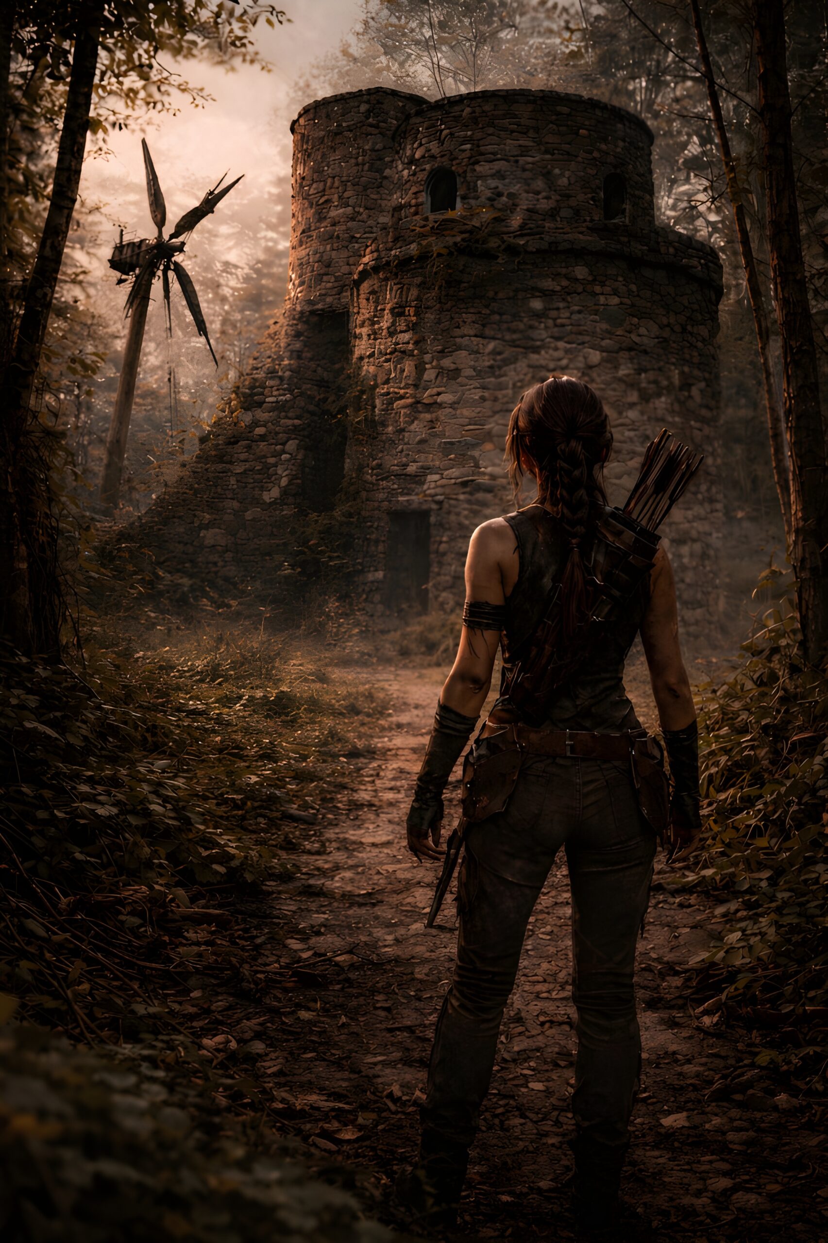 A woman with a braided ponytail and a quiver of arrows on her back stands on a path facing a weathered stone tower in a forest.