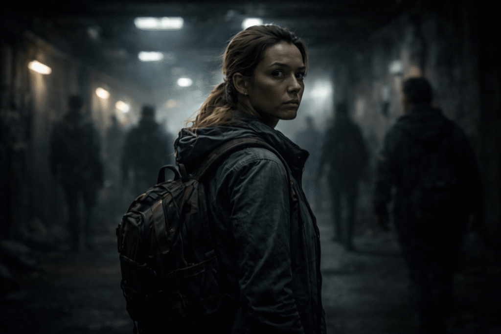 Refusal Trailer: Una, a woman with a backpack, looks back warily in a dark, foggy, post-apocalyptic corridor.