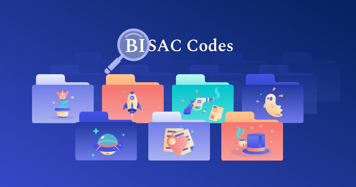 A magnifying glass over the text BISAC Codes, surrounded by colorful file folders each featuring a different icon representing various book genres.