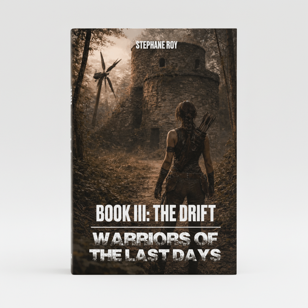 Cover for Stephane Roy's 'Book III: The Drift – Warriors of the Last Days'. A lone figure faces a crumbling tower in a post-apocalyptic forest.