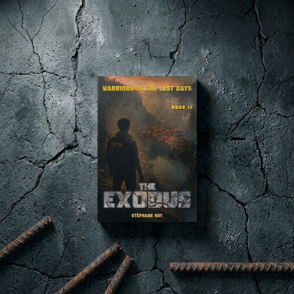 Book cover for The Exodus, featuring a lone survivor looking into a post-apocalyptic canyon at sunset.