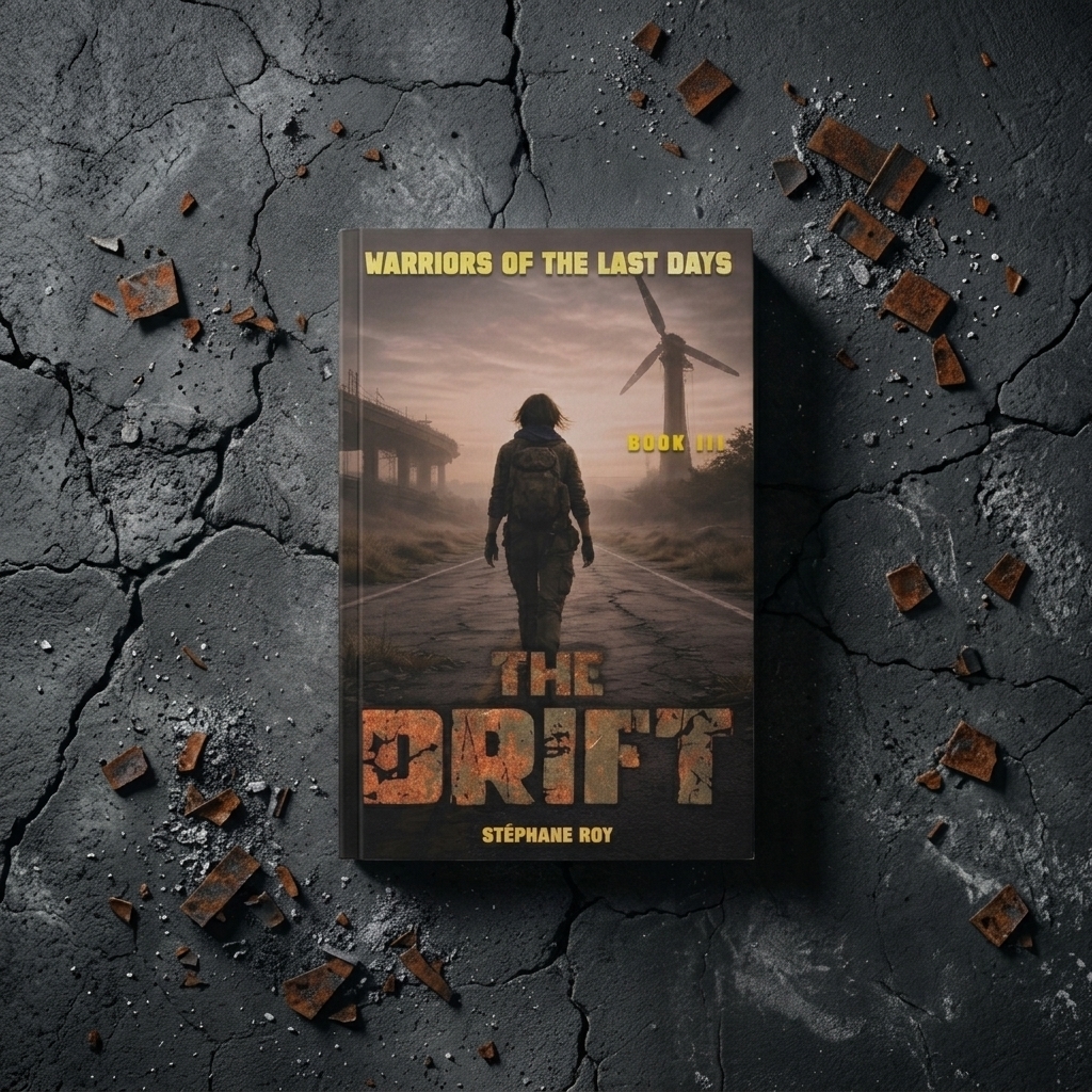 Book cover for The Drift featuring a lone figure walking down a post-apocalyptic road toward a silhouette of a windmill.