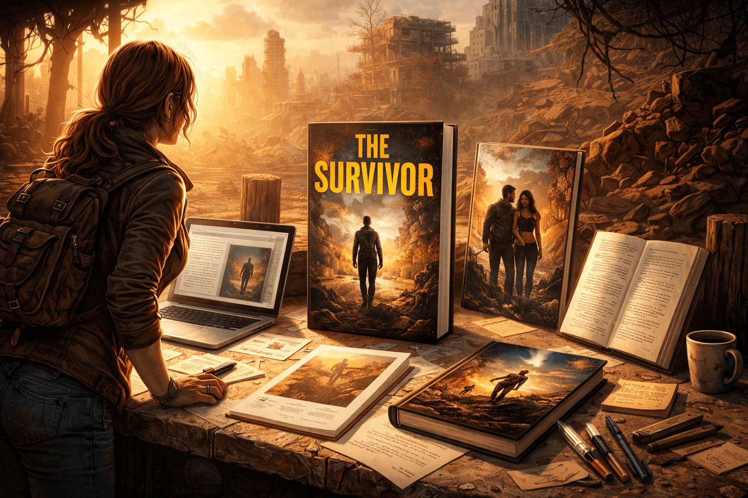 Woman reviews dystopian book covers, including 'THE SURVIVOR,' and articles on a laptop, against a post-apocalyptic city.