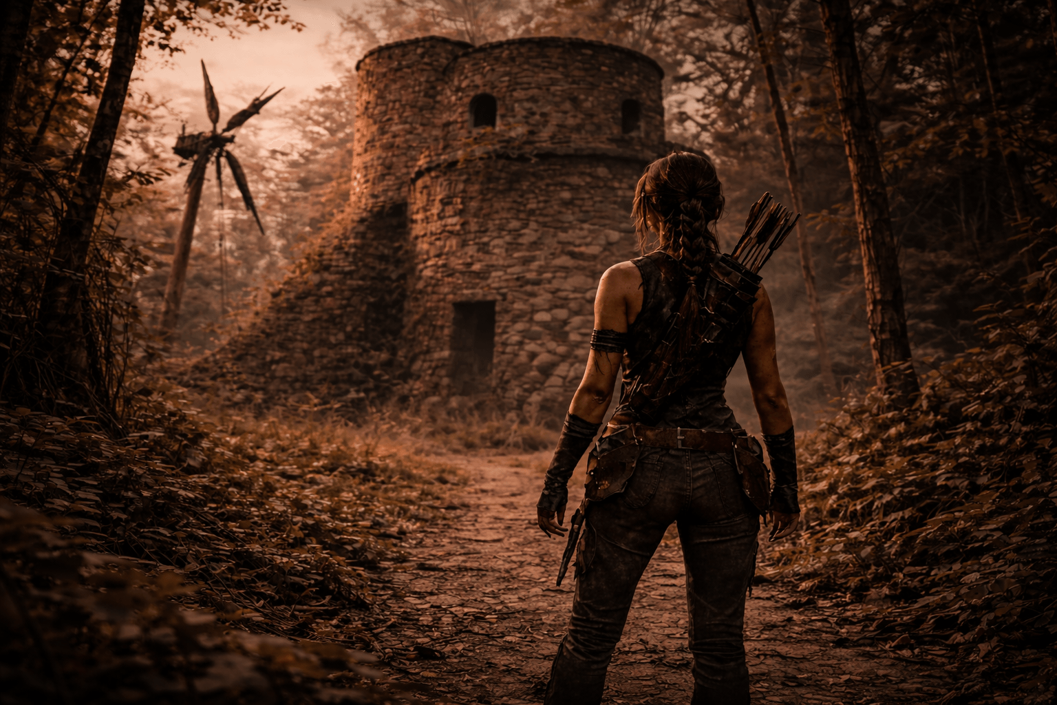 Female explorer with bow and quiver walks a dirt path toward a dark stone tower in a sepia-toned, post-apocalyptic forest. A broken wind turbine stands left.
