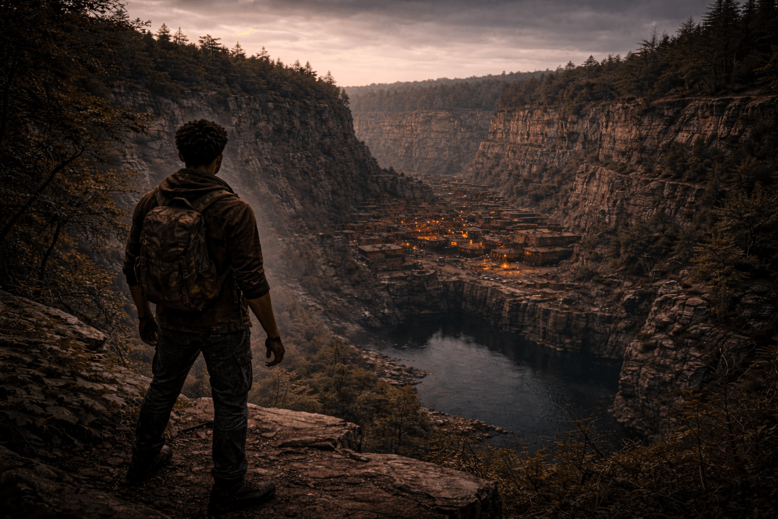 A lone figure with a backpack surveys a dystopian canyon settlement with glowing lights and a river, reflecting an EXODUS journey.